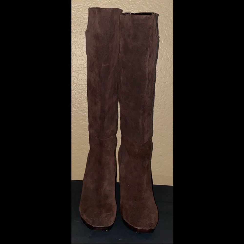 Knee high wide calf brown suede platform boots